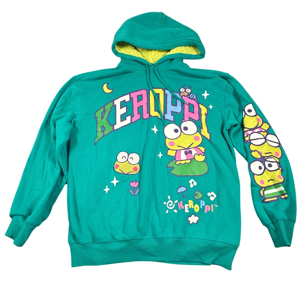 Sanrio Keroppi Medium Green Pullover Sweatshirt Fuzzy Lined Hoodie